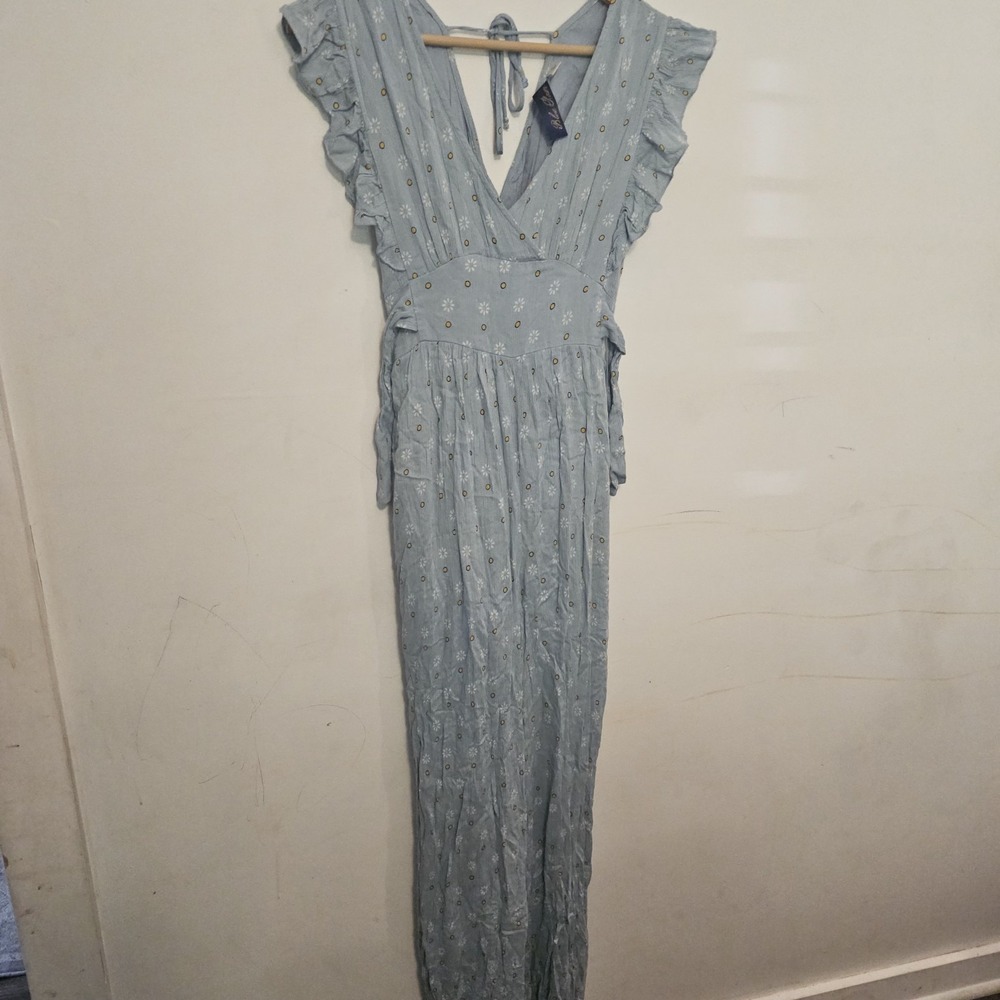 Blue Rain Small Women's Ruffled Jumpsuit Wide Leg Blue Daisy Yellow Floral Rayon